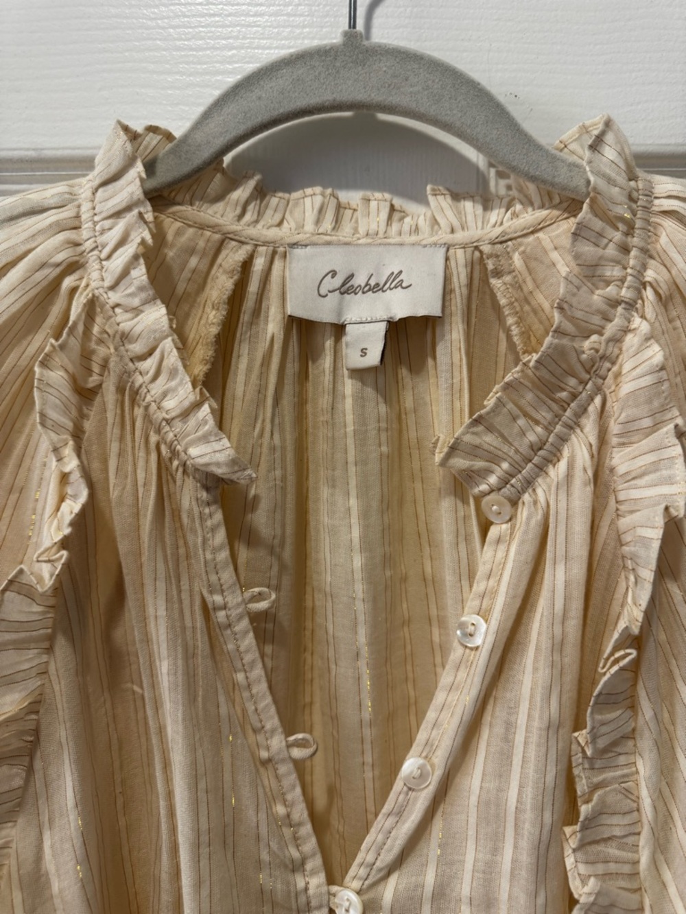 Cleobella Cream Ari Metallic Sparkle Stripe Ruffled Long Sleeve Peasant Blouse S - Picture 7 of 14